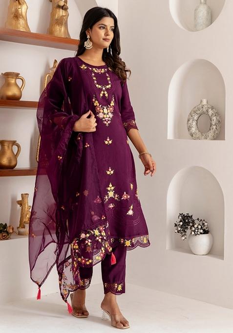 Purple Embroidered Art Silk Salwar Kameez With Dupatta
