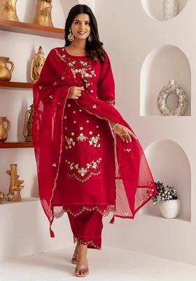 Red Embroidered Art Silk Salwar Kameez With Dupatta