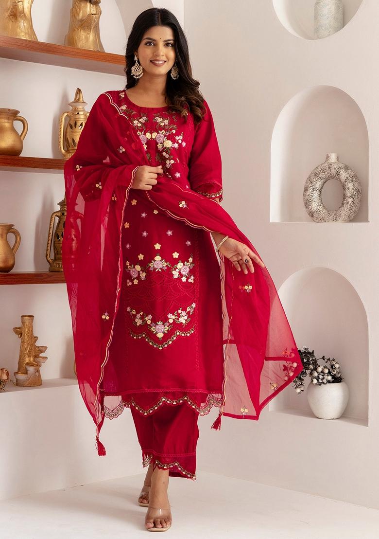 Red Embroidered Art Silk Salwar Kameez With Dupatta