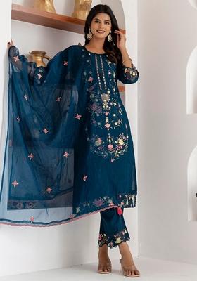 Teal Blue Embroidered Art Silk Salwar Kameez With Dupatta