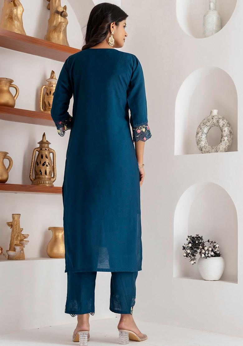 Teal Blue Embroidered Art Silk Salwar Kameez With Dupatta