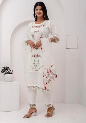White Embroidered Art Silk Salwar Kameez With Dupatta