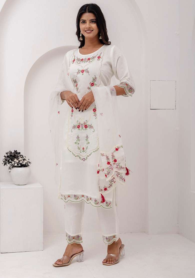 White Embroidered Silk Straight Kurta Set - Indya