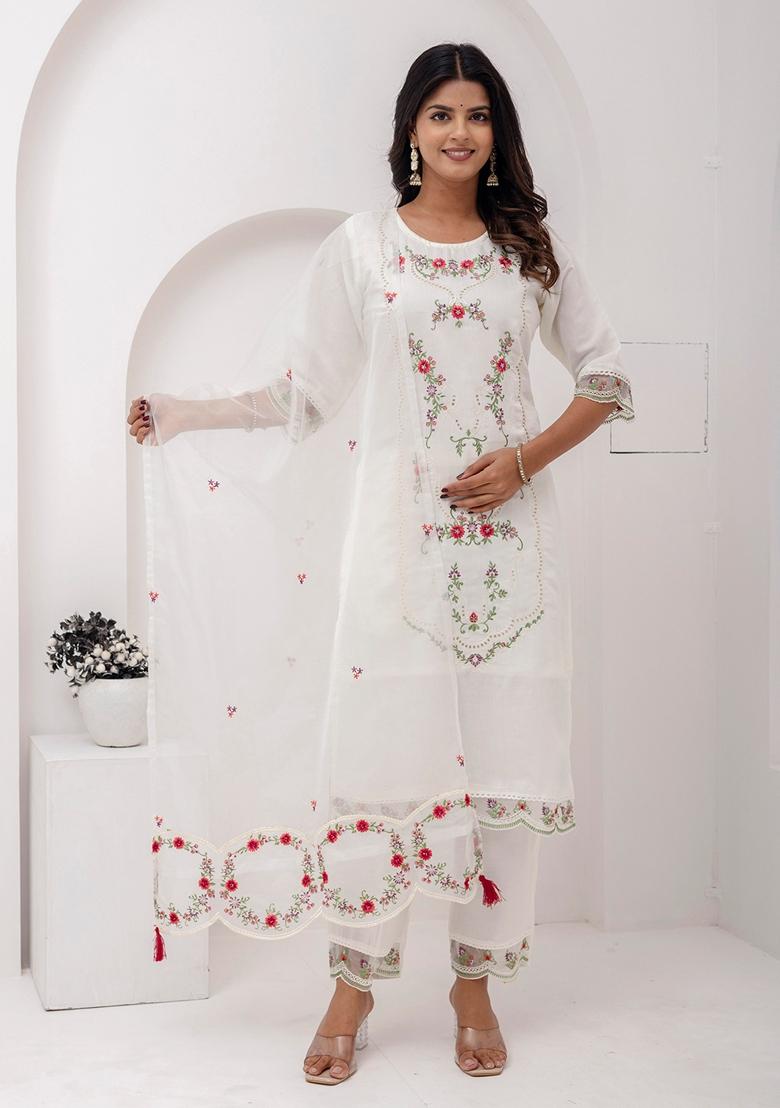 White Embroidered Art Silk Salwar Kameez With Dupatta