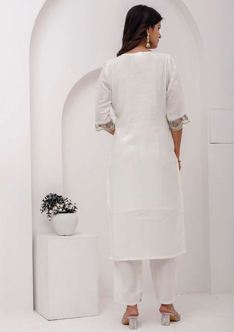 White Embroidered Silk Straight Kurta Set - Indya