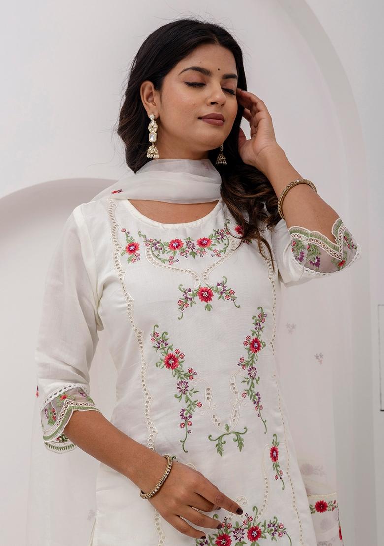 White Embroidered Art Silk Salwar Kameez With Dupatta