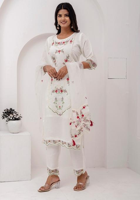 White Embroidered Art Silk Salwar Kameez With Dupatta