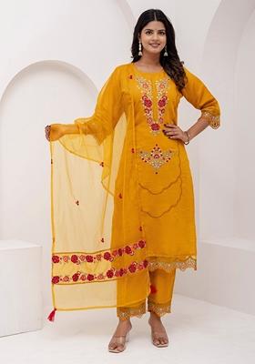 Yellow Embroidered Art Silk Salwar Kameez With Dupatta