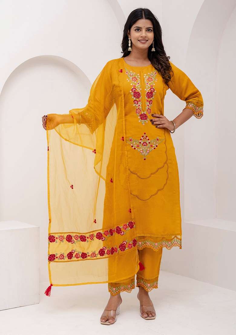 Yellow Embroidered Silk Straight Kurta Set - Indya