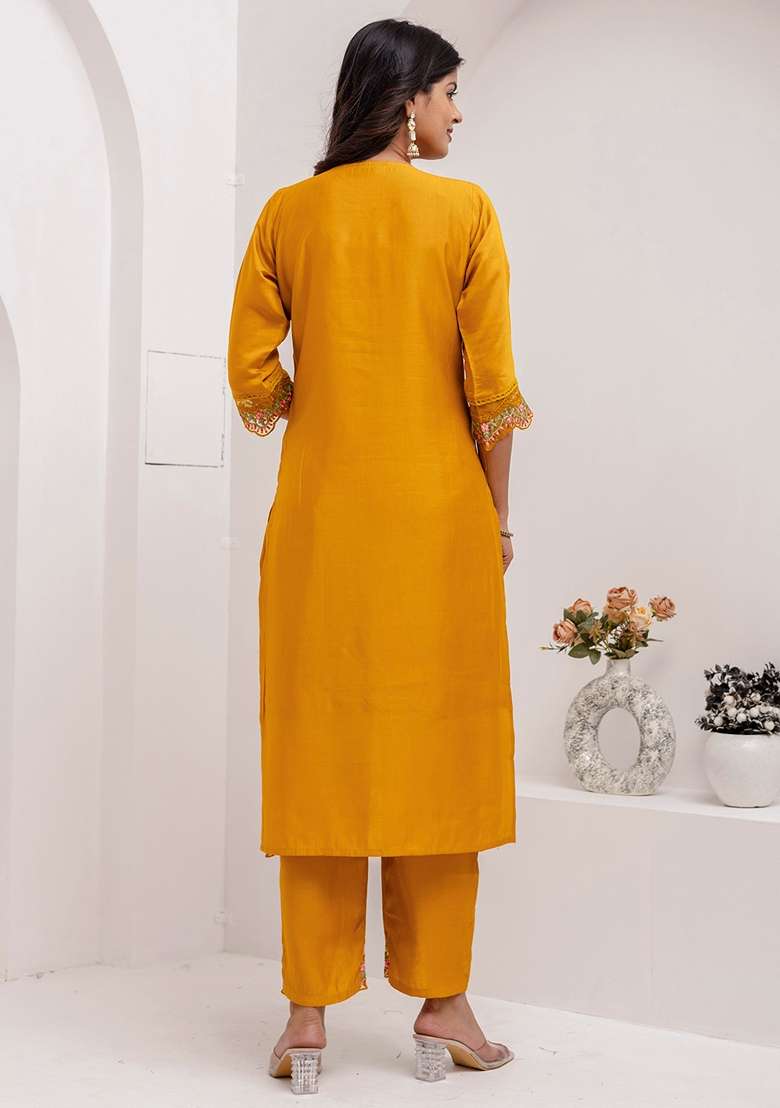 Yellow Embroidered Silk Straight Kurta Set - Indya