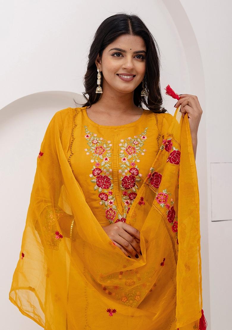Yellow Embroidered Art Silk Salwar Kameez With Dupatta