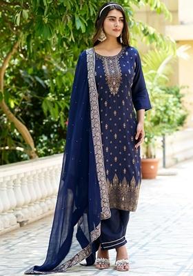 Blue Woven Viscose Salwar Kameez With Dupatta