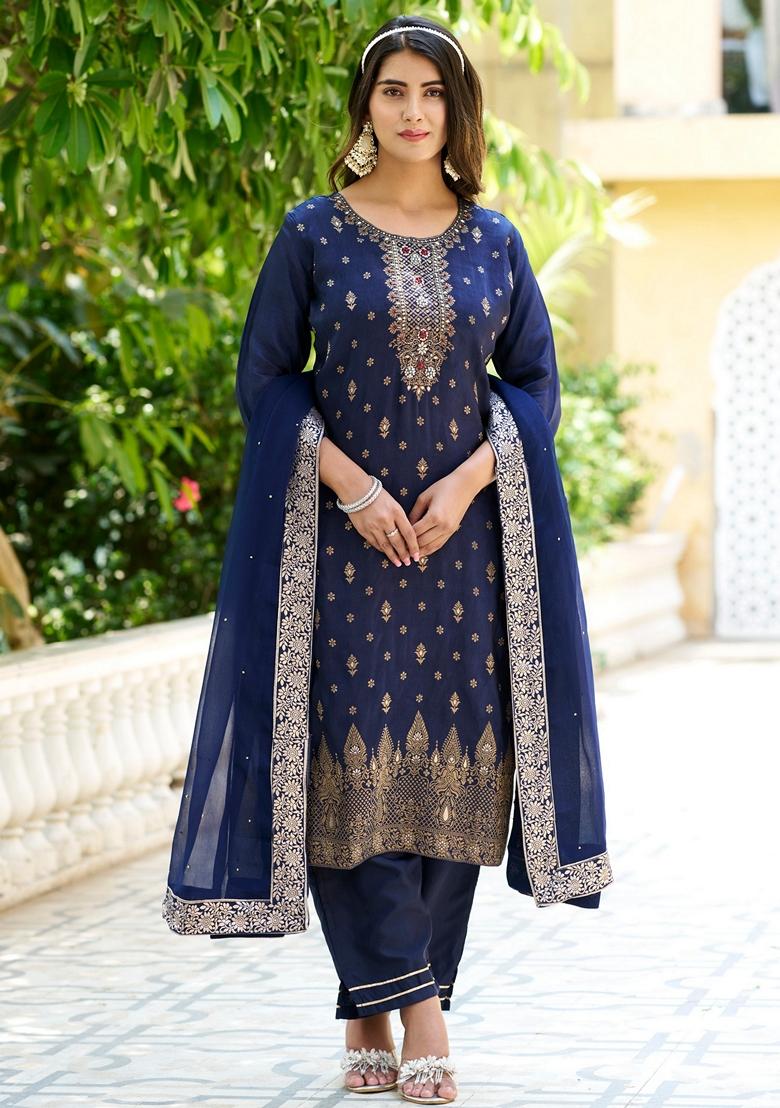 Blue Woven Viscose Salwar Kameez With Dupatta