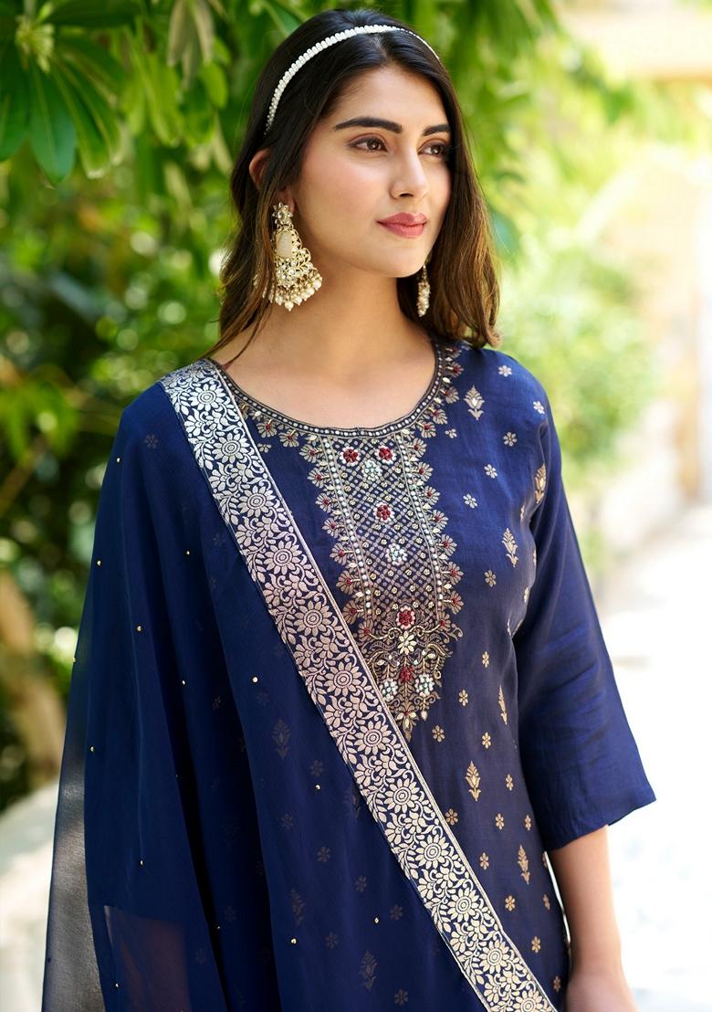 Blue Woven Viscose Salwar Kameez With Dupatta