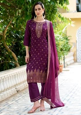 Purple Woven Viscose Salwar Kameez With Dupatta