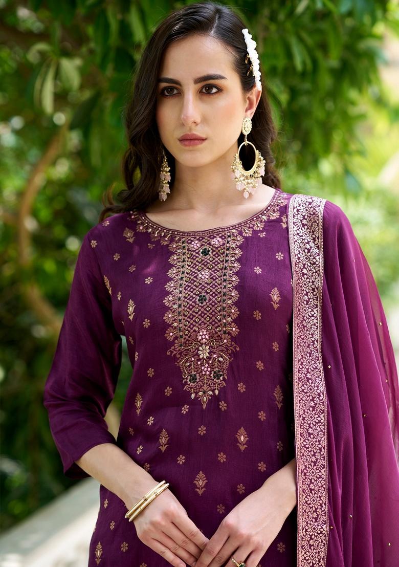 Purple Woven Viscose Salwar Kameez With Dupatta