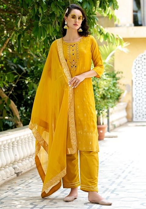 Yellow Woven Viscose Salwar Kameez With Dupatta