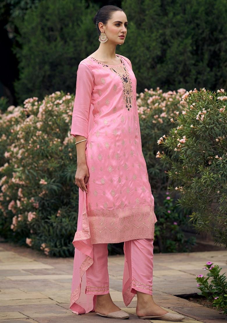 Pink Woven Viscose Salwar Kameez With Dupatta