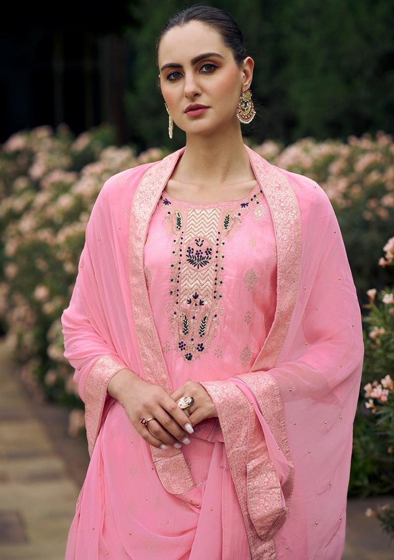 Pink Woven Viscose Salwar Kameez With Dupatta