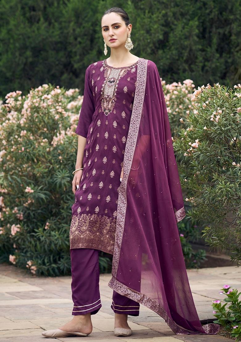 Wine Woven Viscose Salwar Kameez With Dupatta