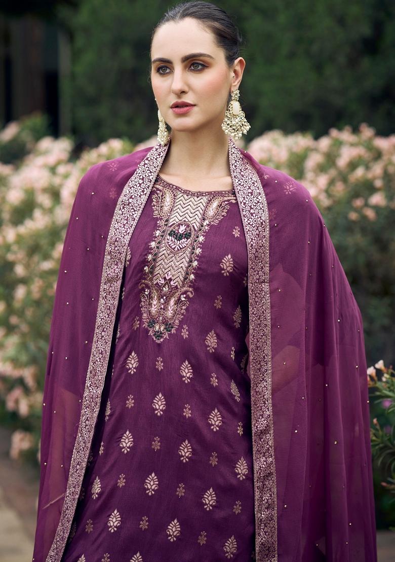 Wine Woven Viscose Salwar Kameez With Dupatta