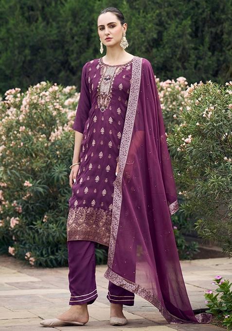 Wine Woven Viscose Salwar Kameez With Dupatta