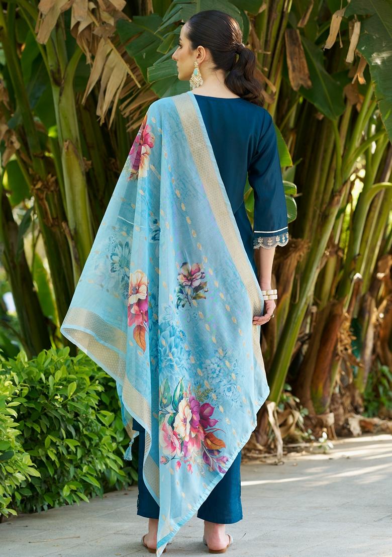 Teal Blue Embroidered Viscose Salwar Kameez With Dupatta