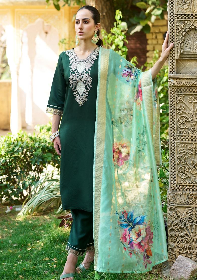 Green Embroidered Viscose Salwar Kameez With Dupatta