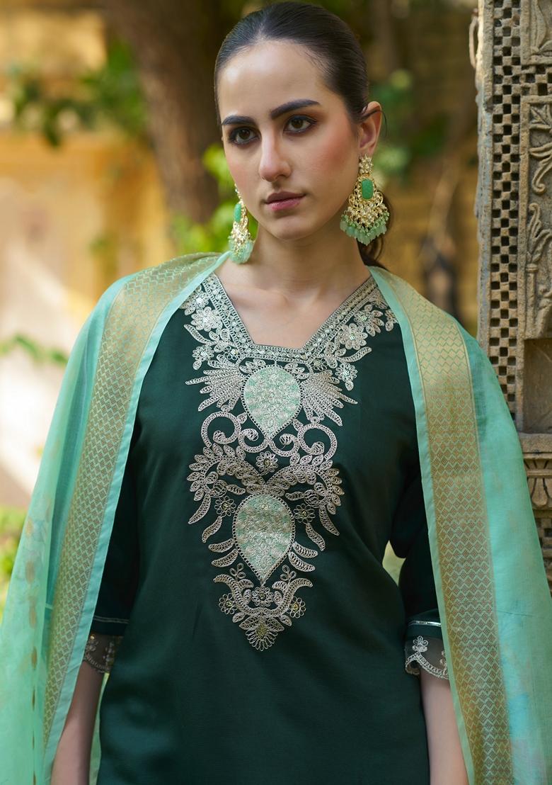 Green Embroidered Viscose Salwar Kameez With Dupatta