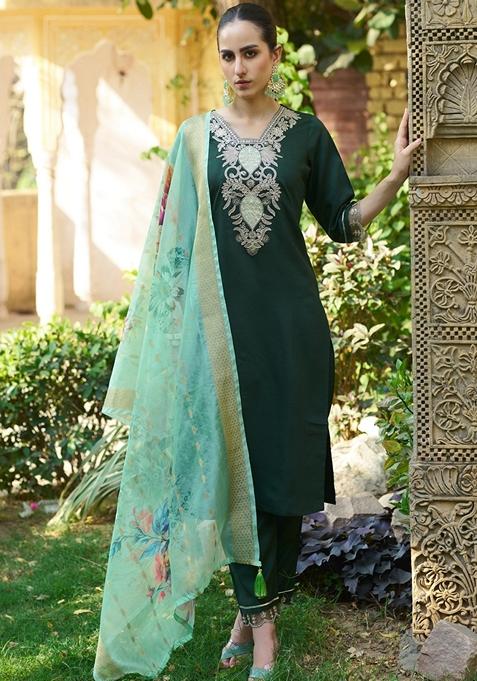 Green Embroidered Viscose Salwar Kameez With Dupatta
