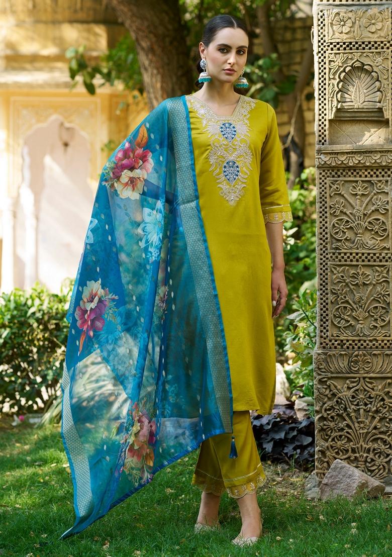 Lemon Yellow Embroidered Viscose Salwar Kameez With Dupatta