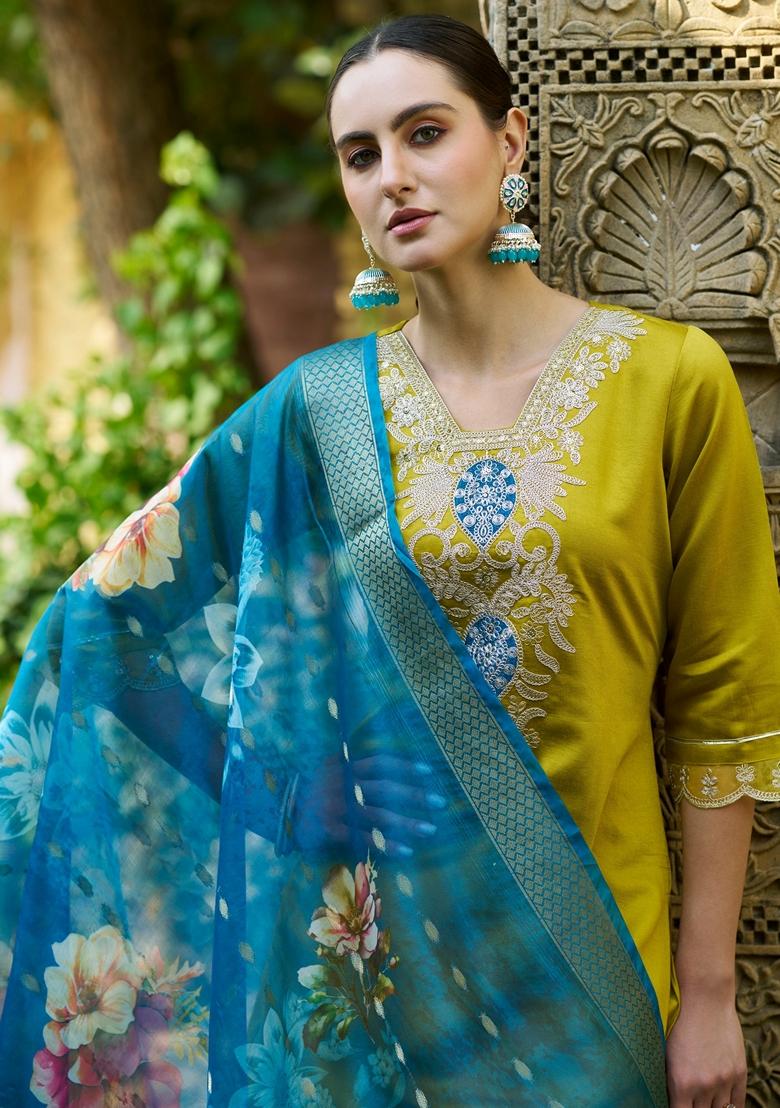 Lemon Yellow Embroidered Viscose Salwar Kameez With Dupatta