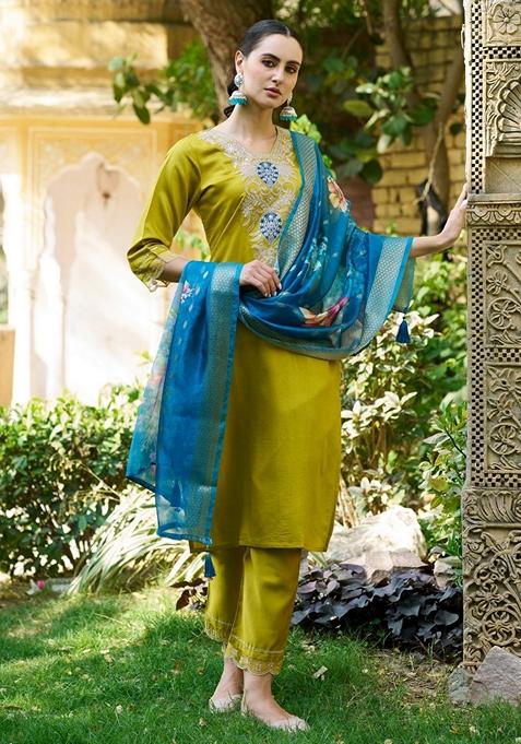 Lemon Yellow Embroidered Viscose Salwar Kameez With Dupatta