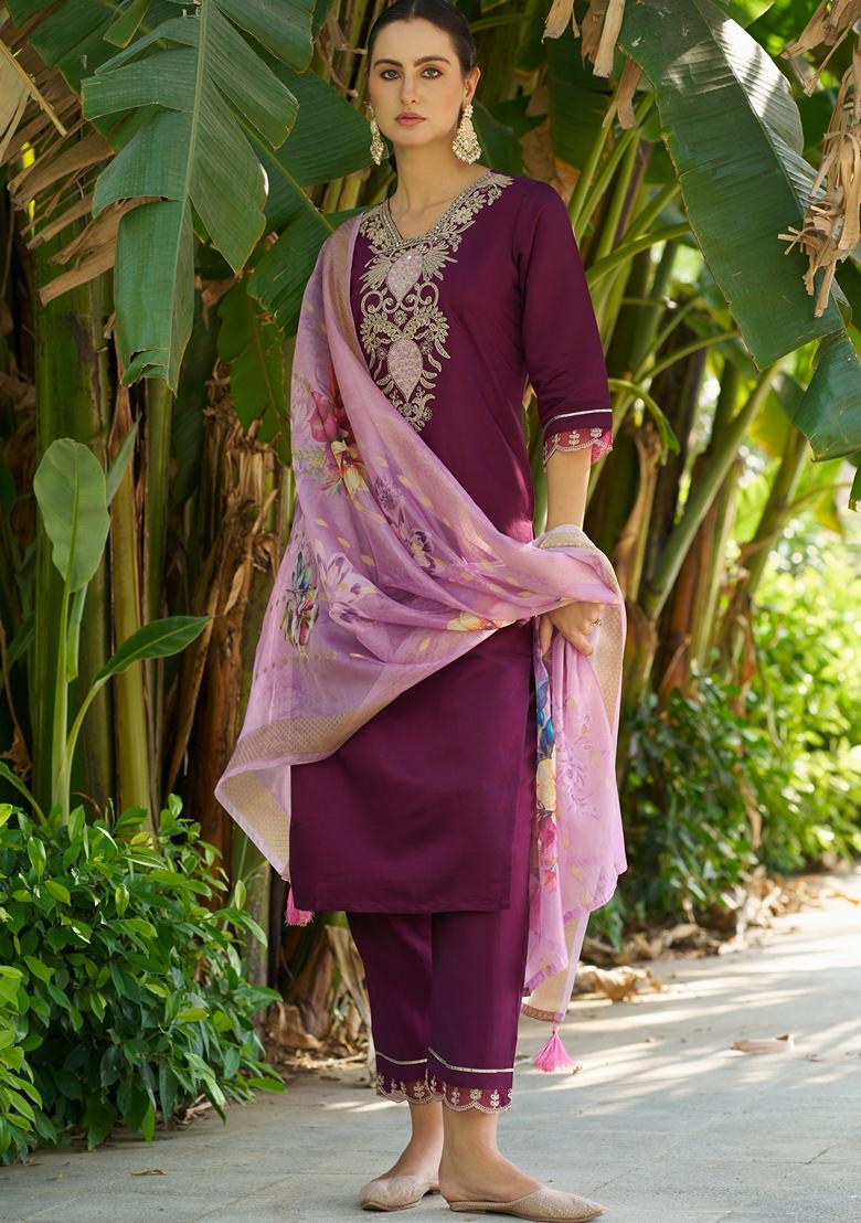 Purple Embroidered Viscose Salwar Kameez With Dupatta