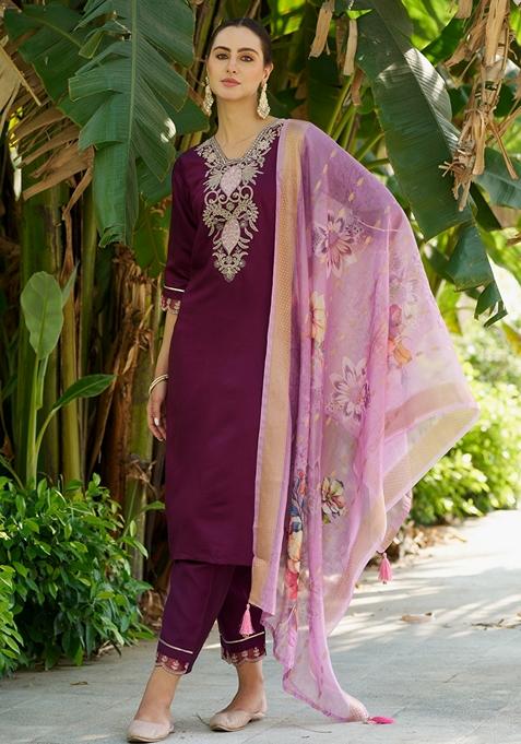 Purple Embroidered Viscose Salwar Kameez With Dupatta