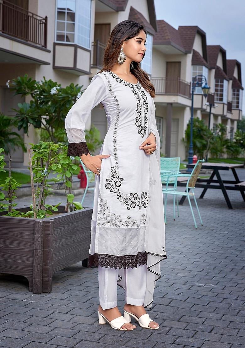 White Embroidered Chanderi Salwar Kameez With Dupatta