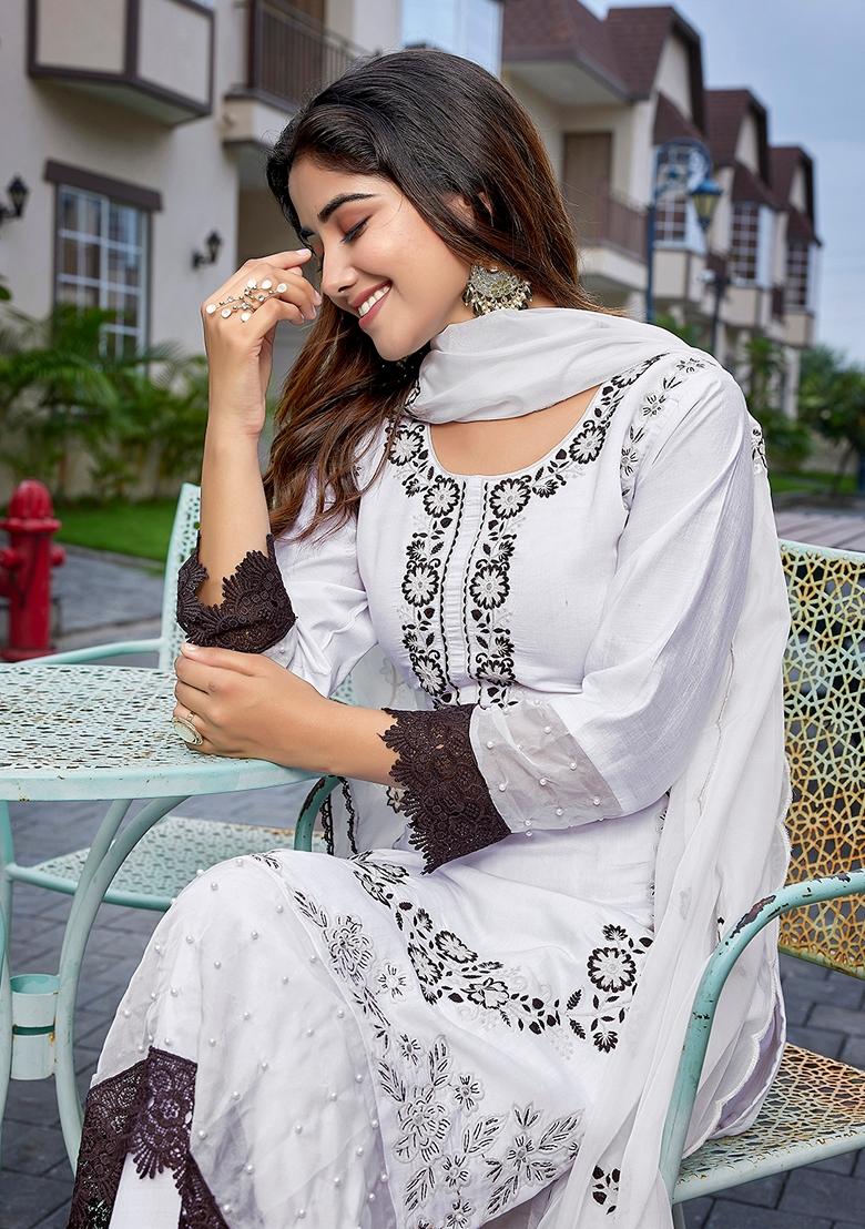 White Embroidered Chanderi Salwar Kameez With Dupatta