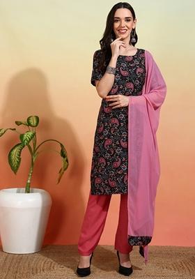 Black Printed Crepe Salwar Kameez With Dupatta