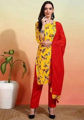 Yellow Printed Crepe Salwar Kameez With Dupatta