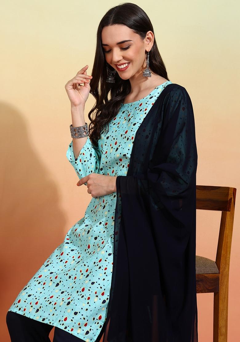 Sky Blue Printed Crepe Salwar Kameez With Dupatta