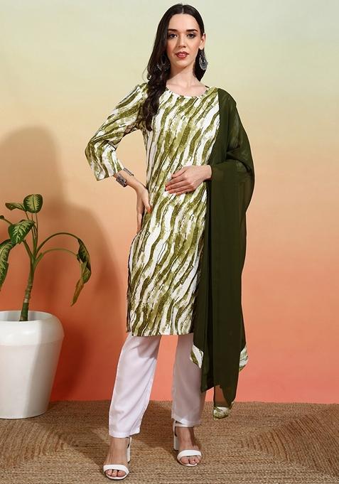 Green Printed Crepe Salwar Kameez With Dupatta