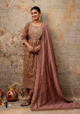 Brown Embroidered Silk Blend Salwar Kameez With Dupatta