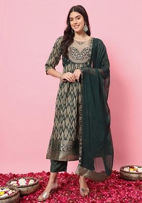 Green Embroidered Silk Blend Salwar Kameez With Dupatta