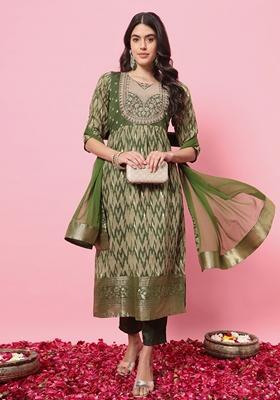 Mehendi Green Embroidered Silk Blend Salwar Kameez With Dupatta