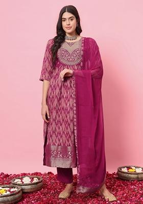 Purple Embroidered Silk Blend Salwar Kameez With Dupatta