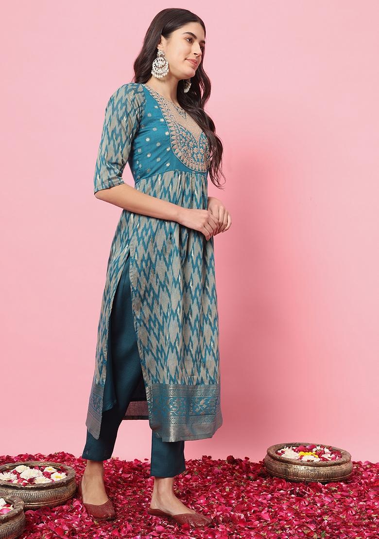 Teal Blue Embroidered Silk Blend Salwar Kameez With Dupatta