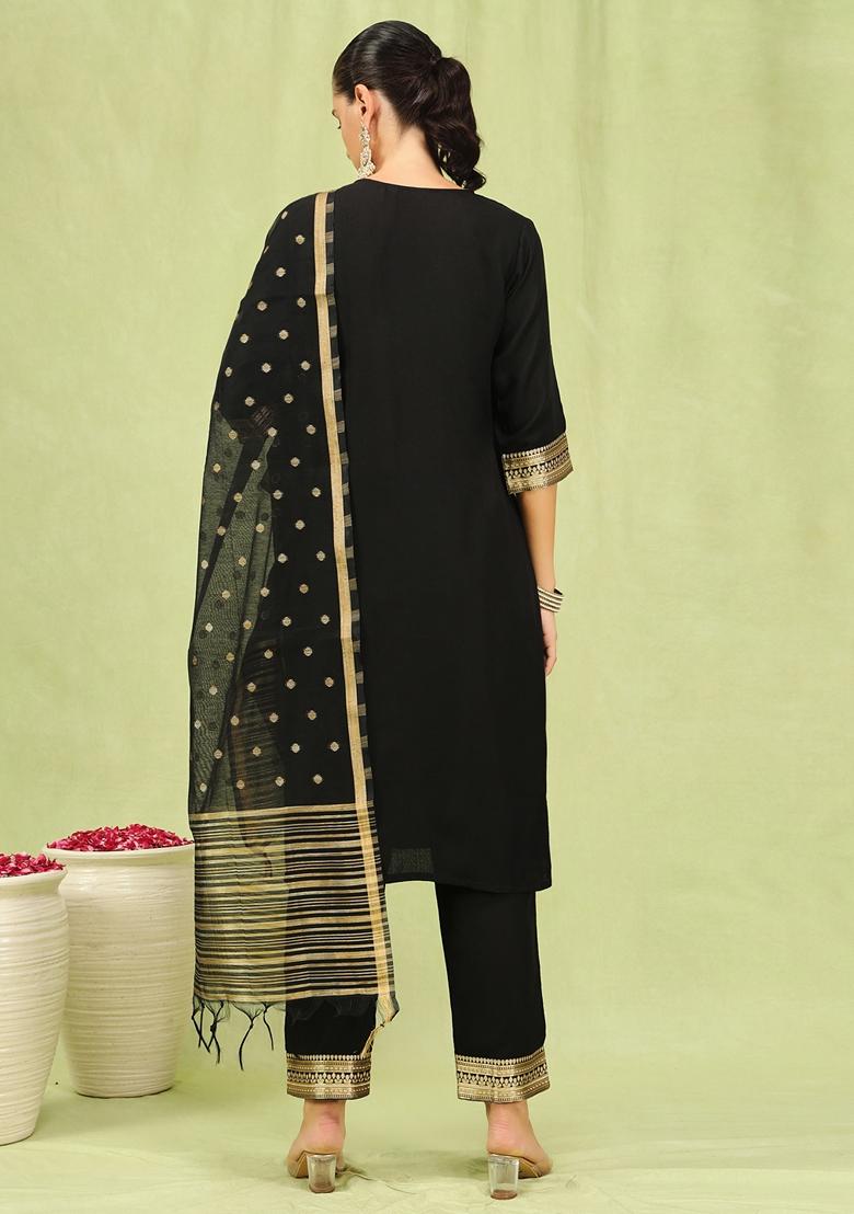 Black Embroidered Cotton Blend Salwar Kameez With Dupatta