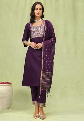 Purple Embroidered Cotton Blend Salwar Kameez With Dupatta