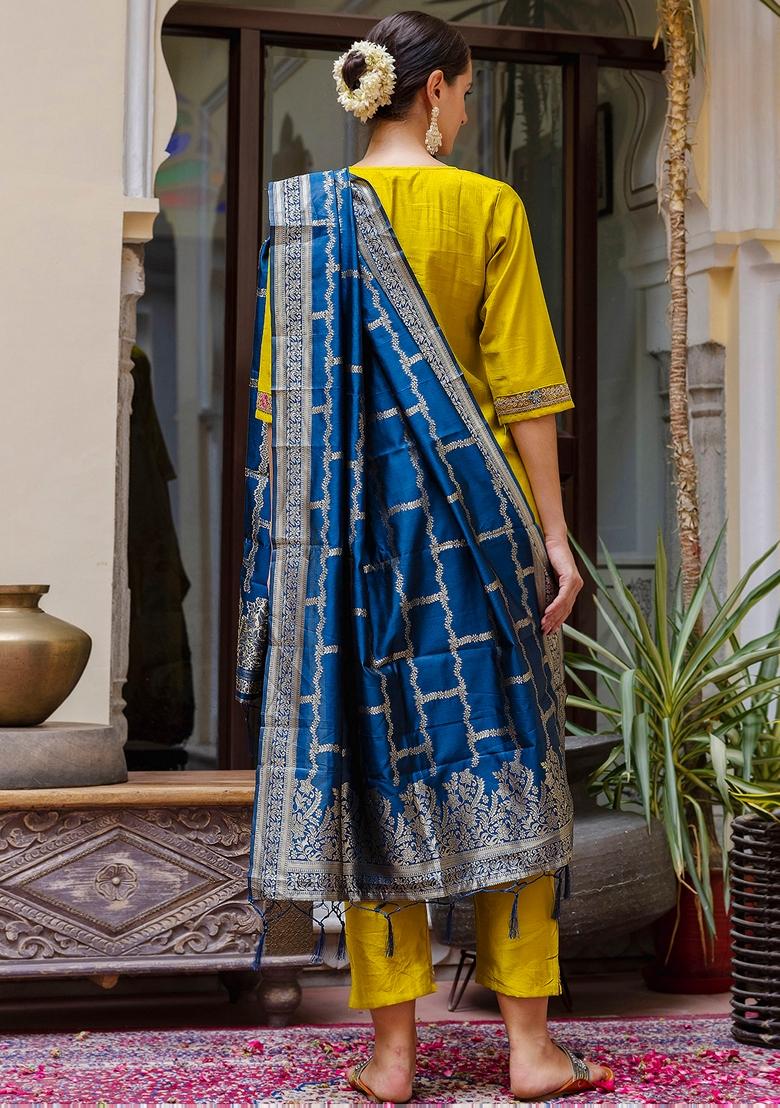 Yellow Embroidered Viscose Rayon Salwar Kameez With Dupatta