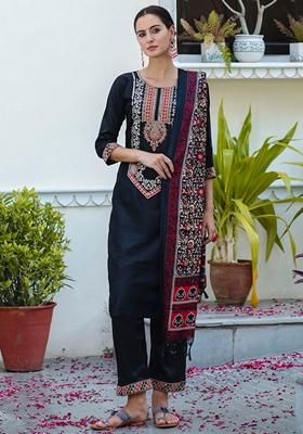 Black Embroidered Silk Blend Salwar Kameez With Dupatta